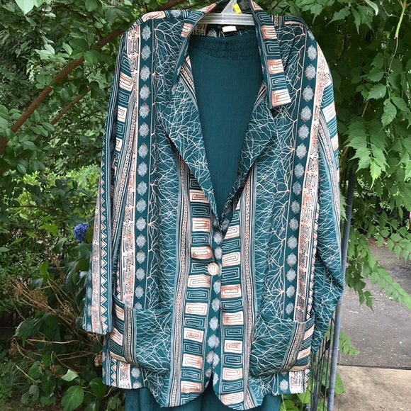 AB Sport 3 pc Green Geometric Pants Set Jacket Top - Picture 2 of 11